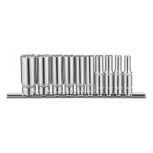 Набор глубоких дюймовых торцевых головок 12-гранных 1/4″DR на держателе, 10 предметов Ombra 914910